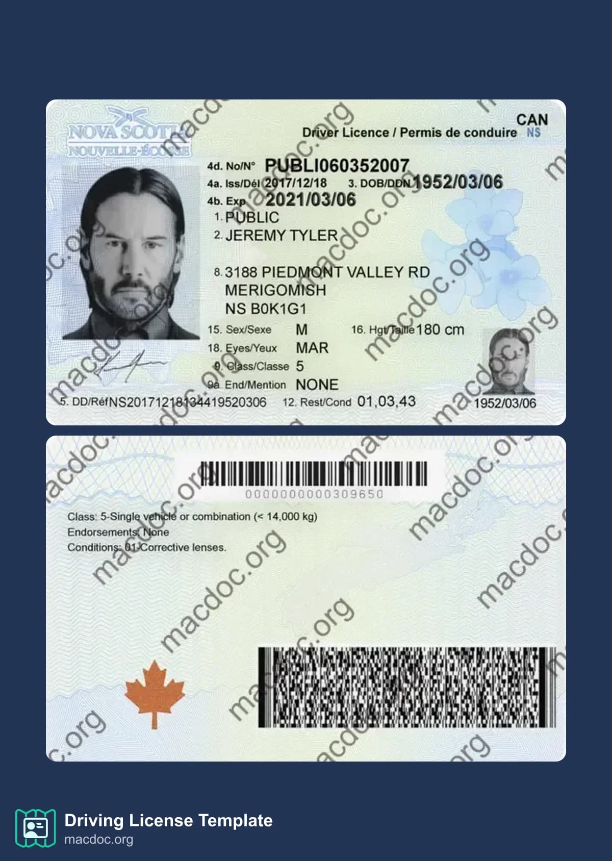 Canada Nova Scotia Driver License Template – Editable PSD Mockup