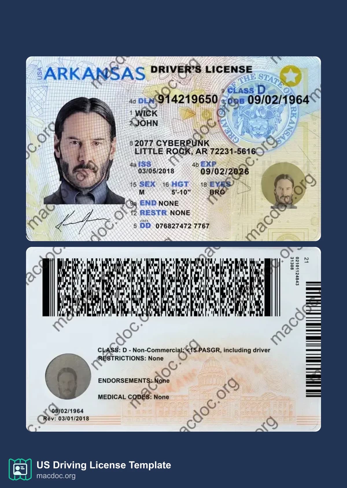 Arkansas Driver License template in PSD format, fully editable