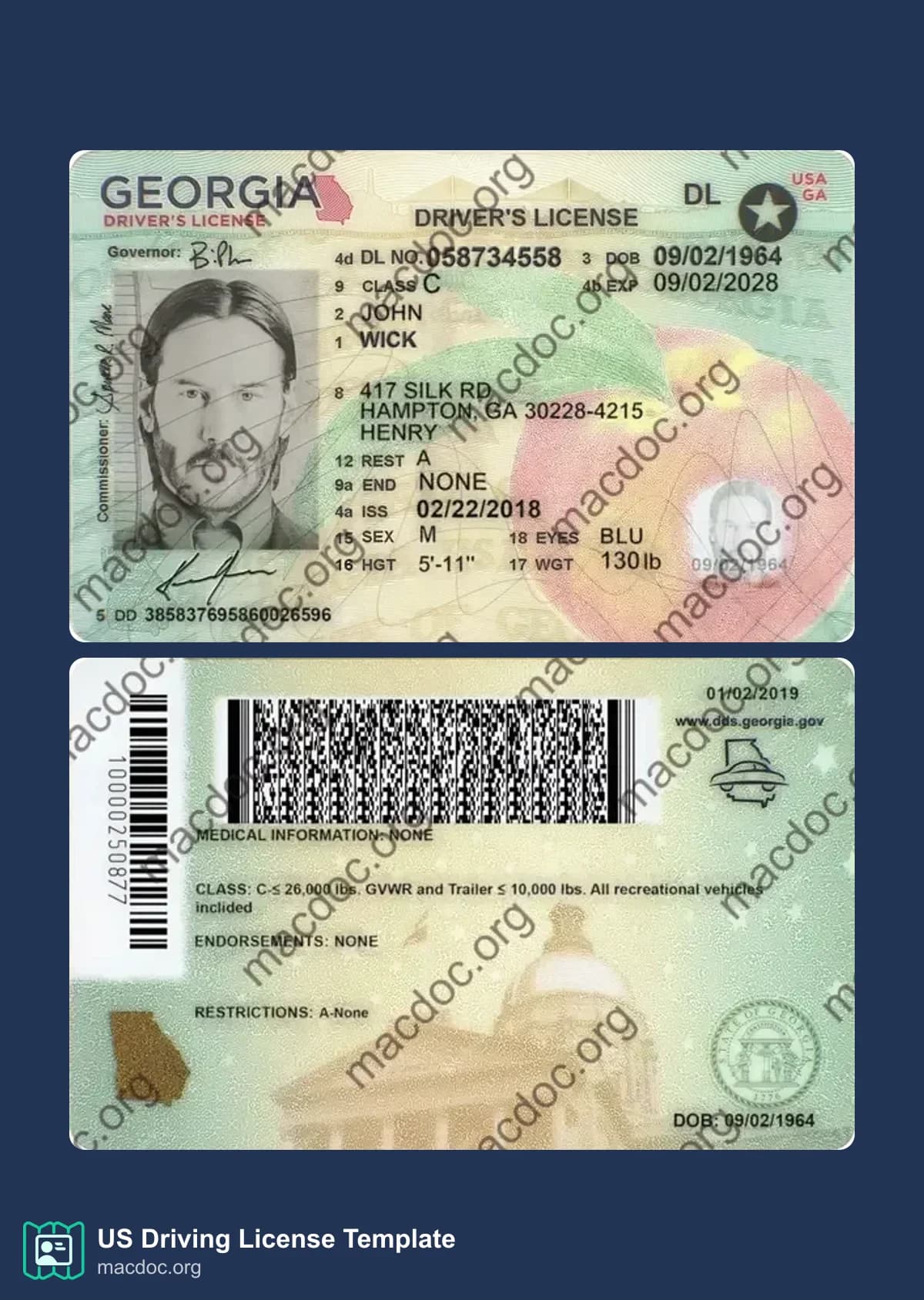 Georgia Driver License template High-Quality & Editable PSD format, with all fonts