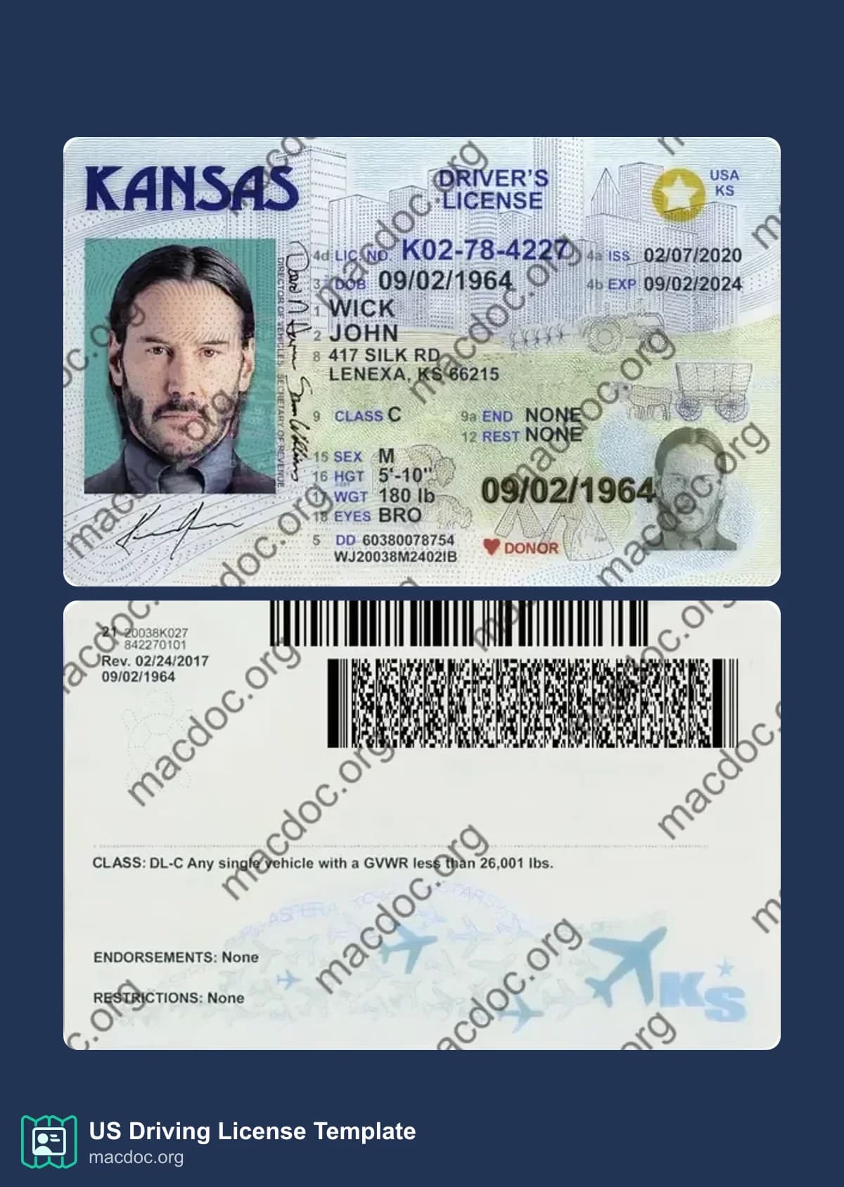 Kansas Driver License template High-Quality & Editable PSD format, with all fonts