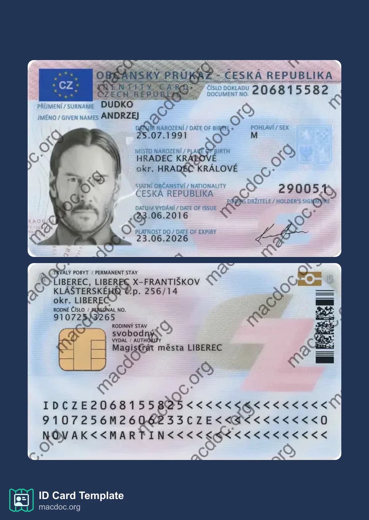 Czech Republic ID Card example in PSD format, fully editable (2020 – present)