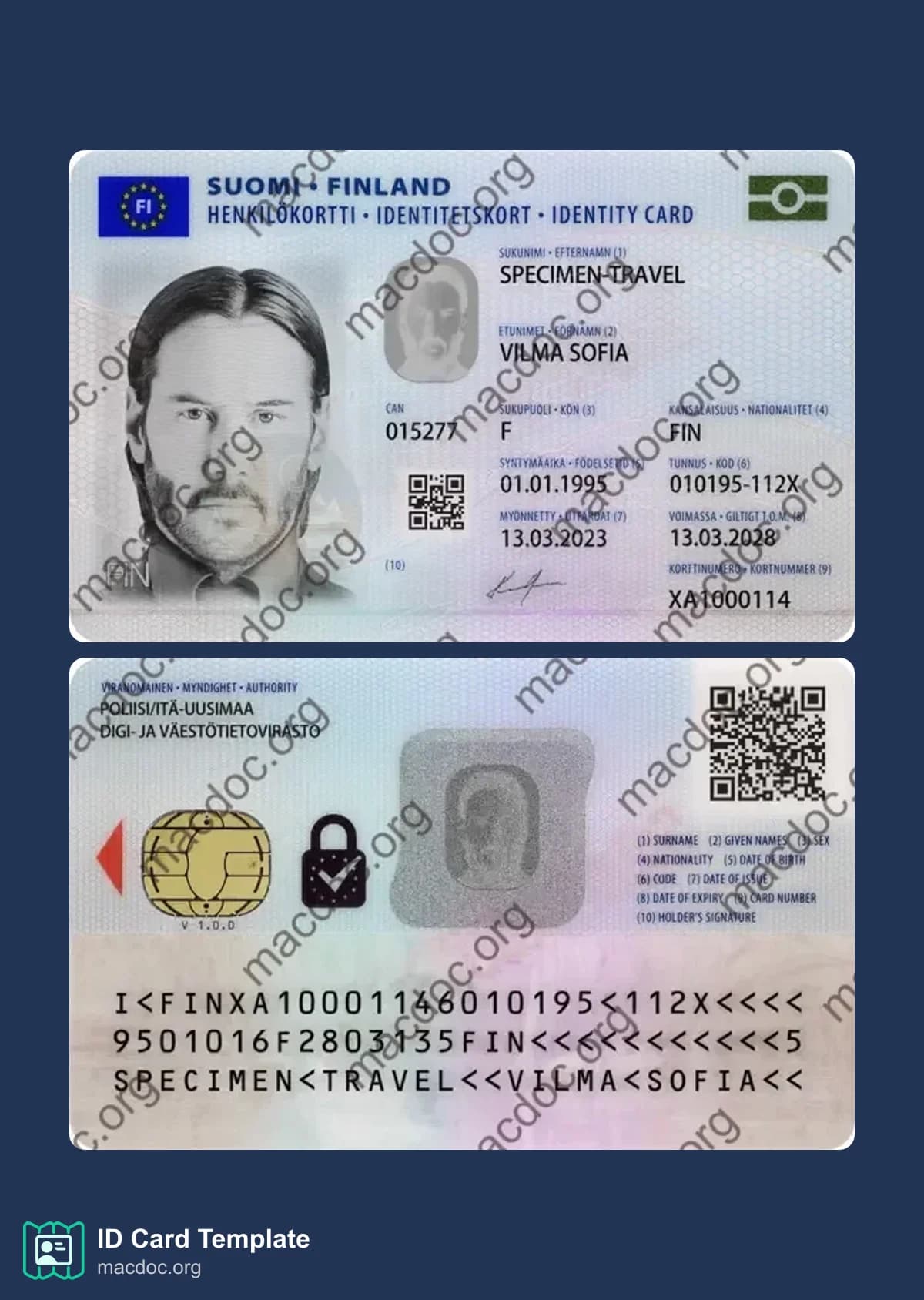 Finland ID Card example in PSD format, fully editable (2023 – present)