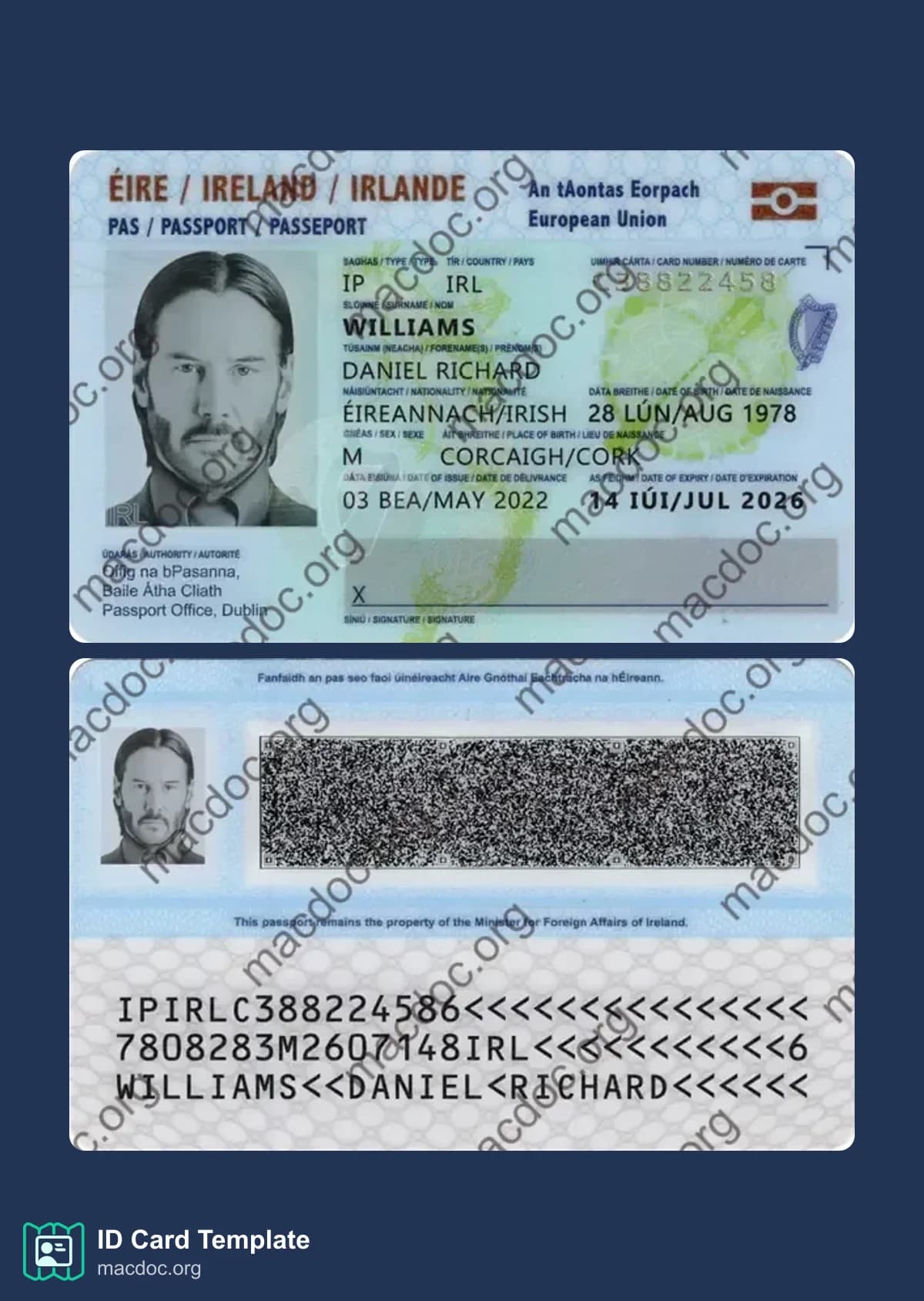 Exemple de carte d'identité irlandaise au format PSD, entièrement modifiable (2016 – présent)