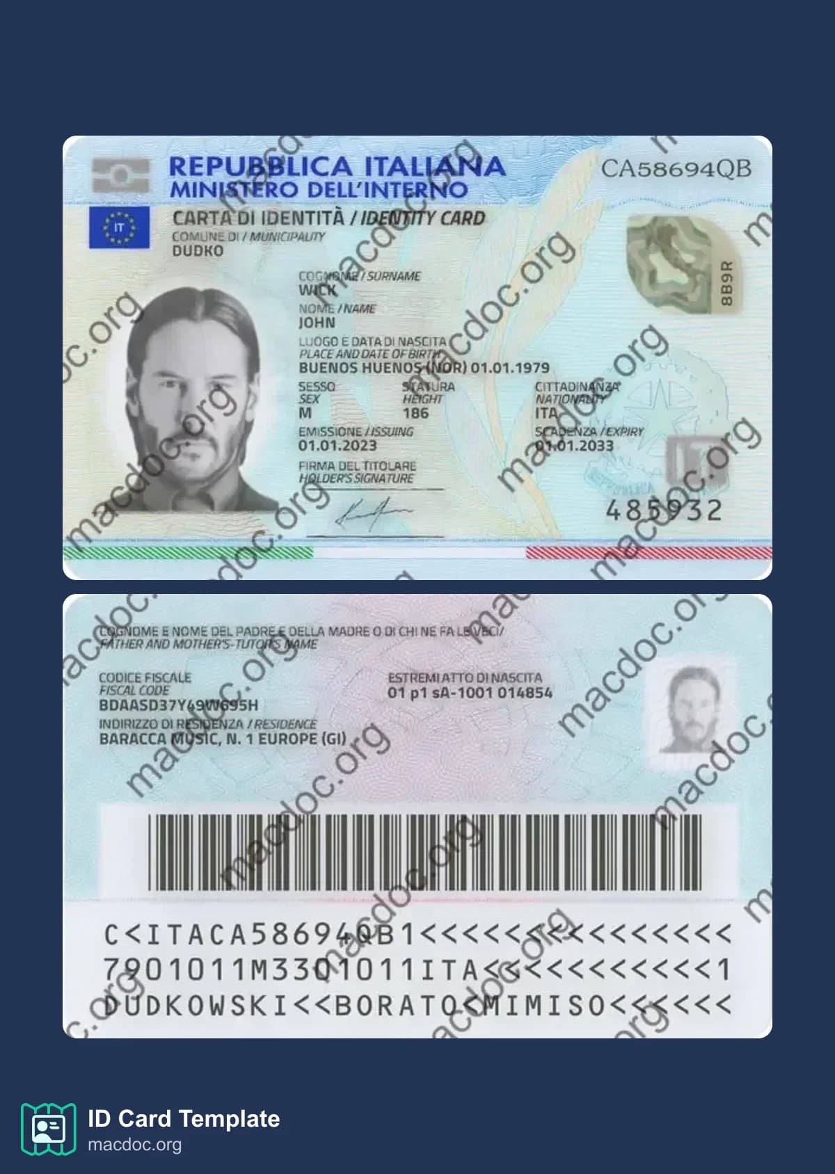 Modèle de carte d'identité italienne au format PSD, entièrement modifiable, avec toutes les polices