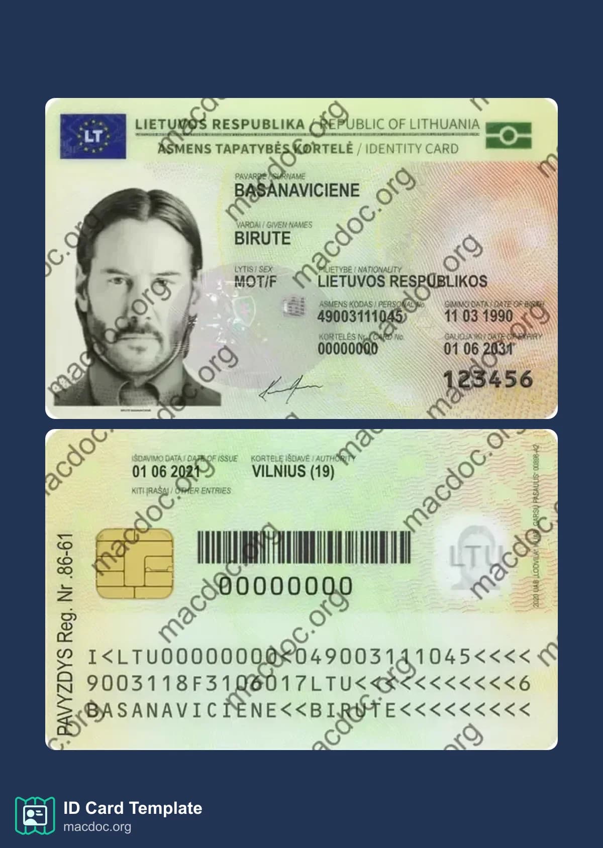 Lithuania ID Card template in PSD format, fully editable, with all fonts
