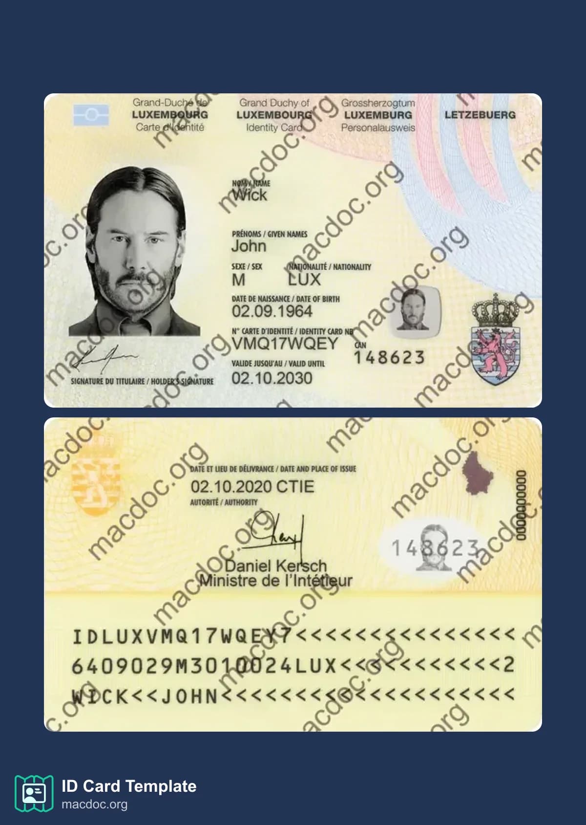 Modèle de carte d’identité luxembourgeoise PSD | Haute qualité et modifiable