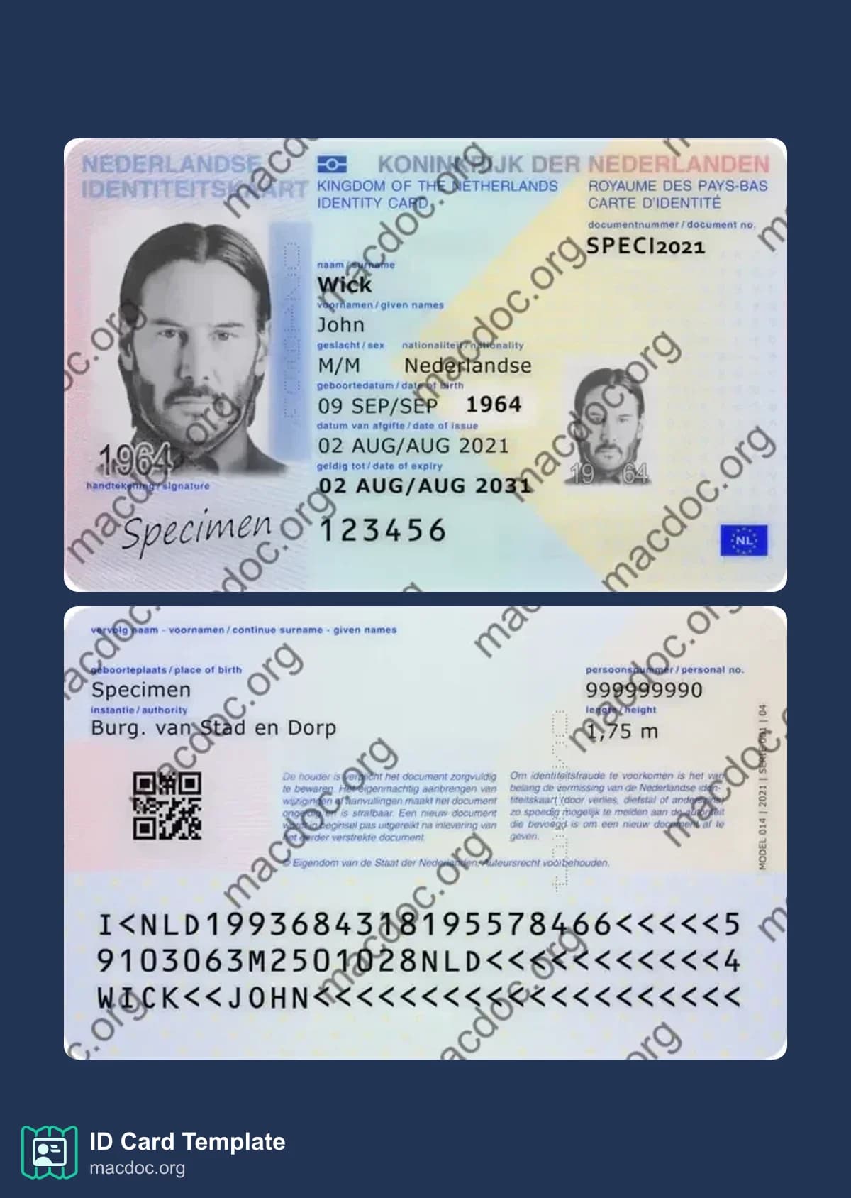 Netherlands ID Card template in PSD format, fully editable, with all fonts