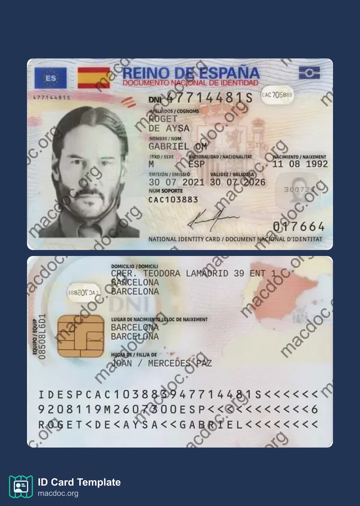 Spain ID Card template in PSD format, fully editable, with all fonts