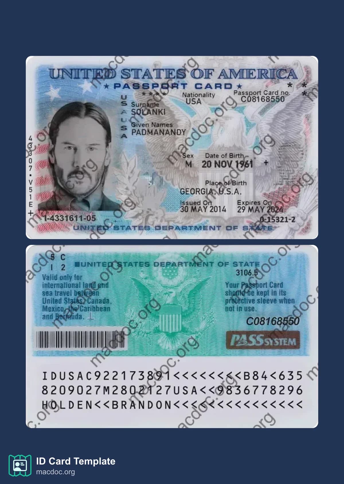 USA ID Card download example in PSD format (2008, January – present)