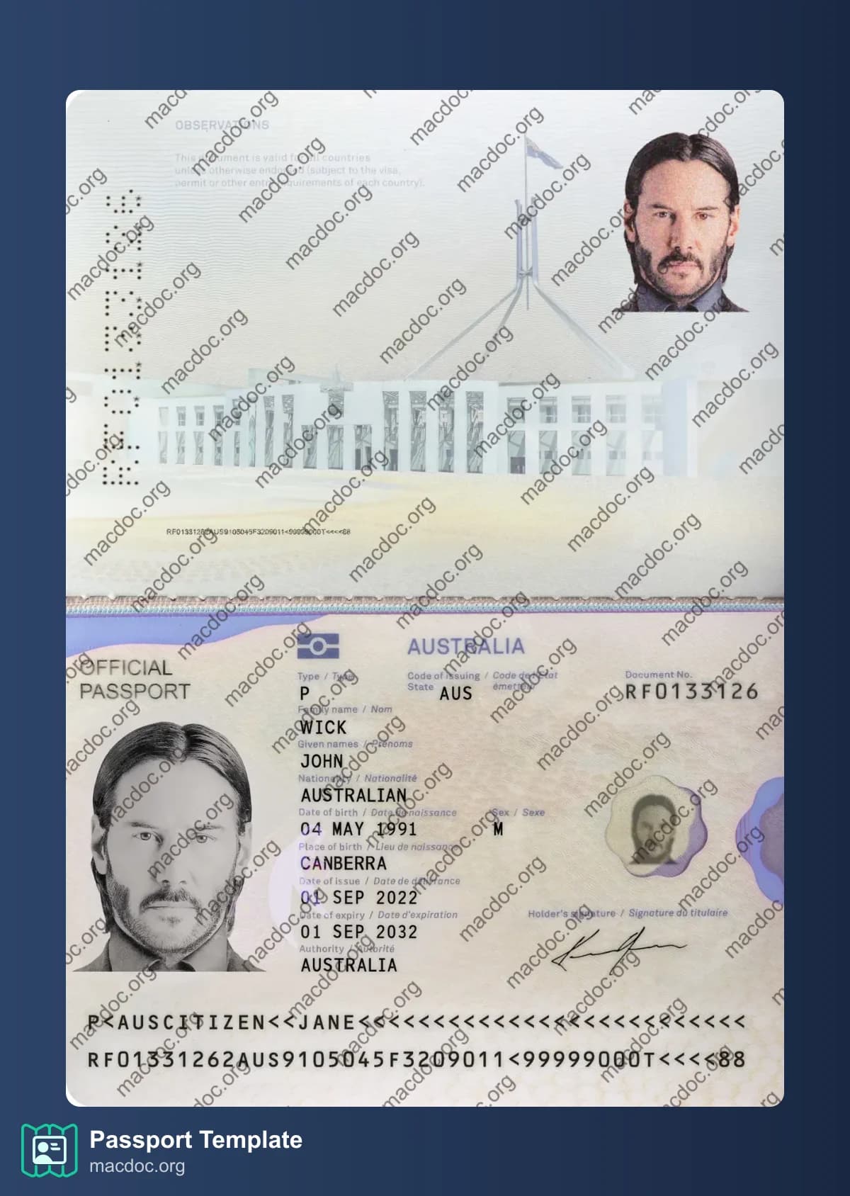 Australia Passport template Download for Photoshop,editable PSD