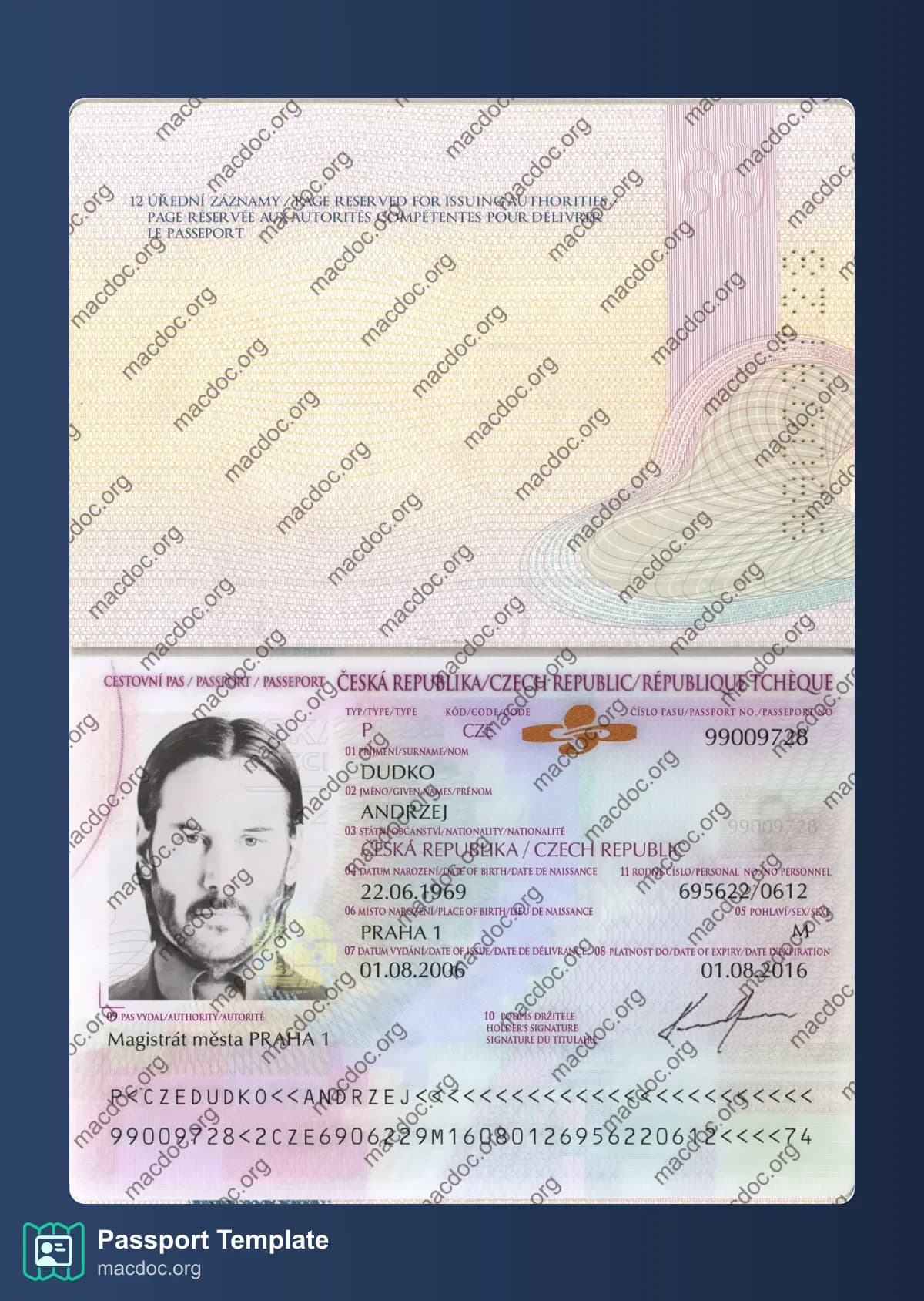 Czech Republic Passport template in PSD format, fully editable, with all fonts (2006 – present)