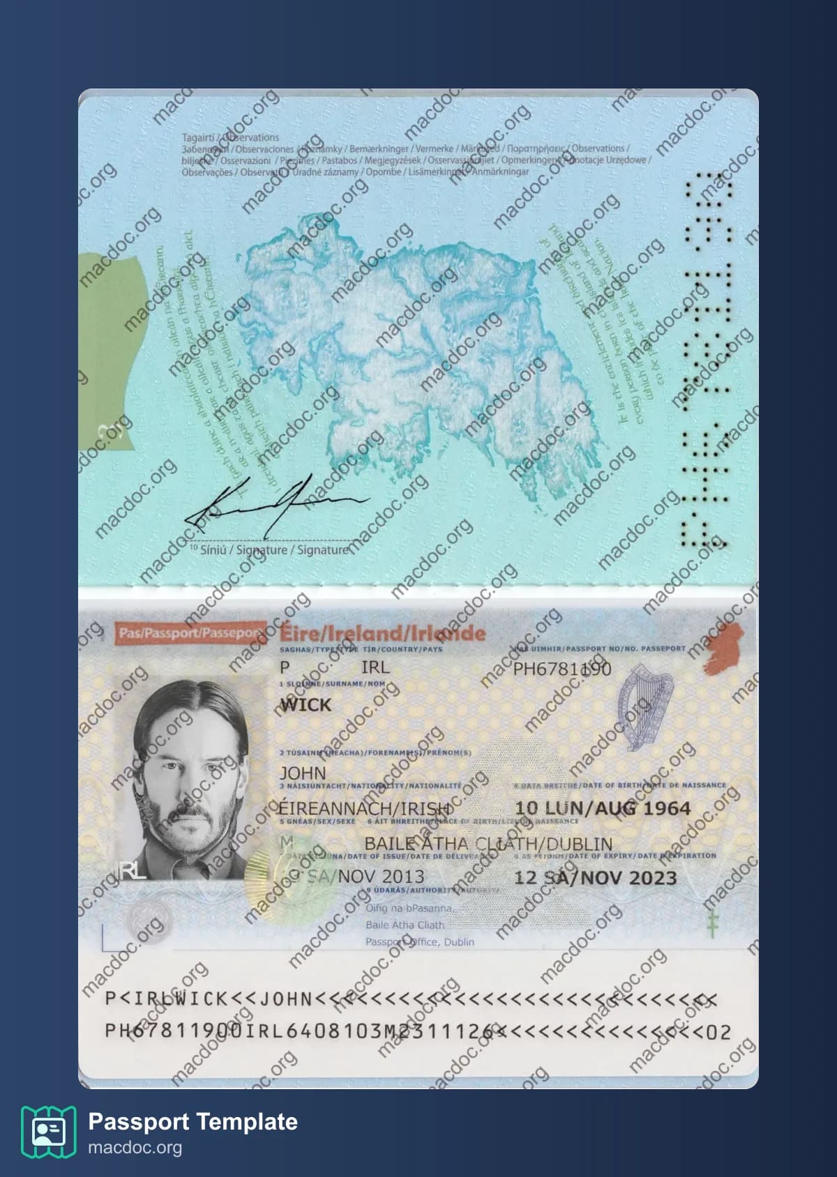 Modèle de passeport irlandais – Maquette PSD modifiable