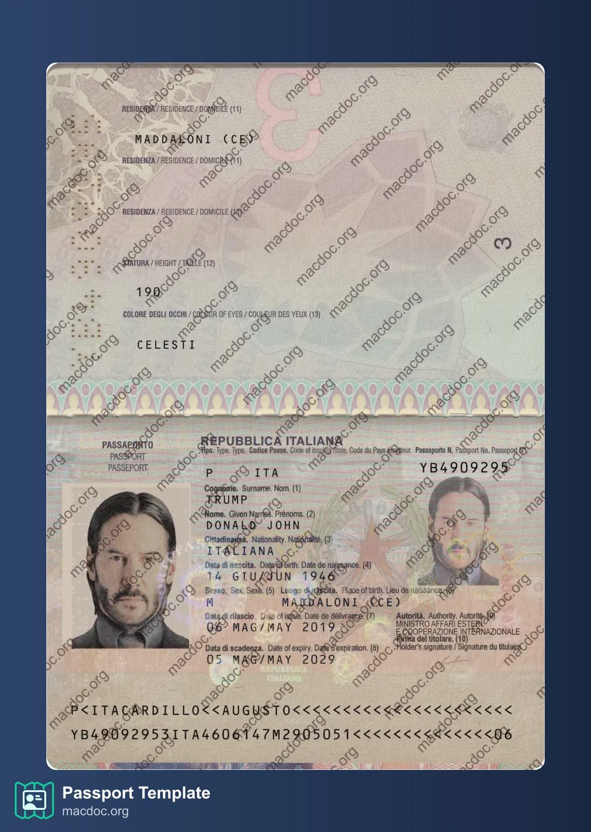 Modèle de passeport italien au format PSD, entièrement modifiable, avec toutes les polices (2010 – présent)