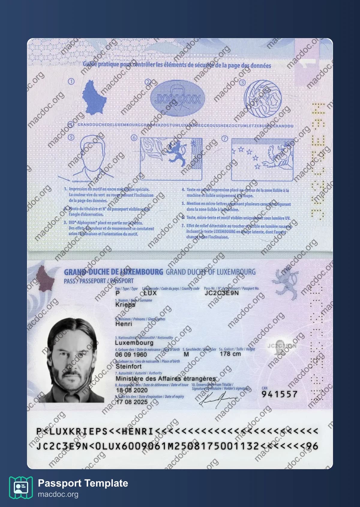Exemple de passeport luxembourgeois au format PSD, entièrement modifiable