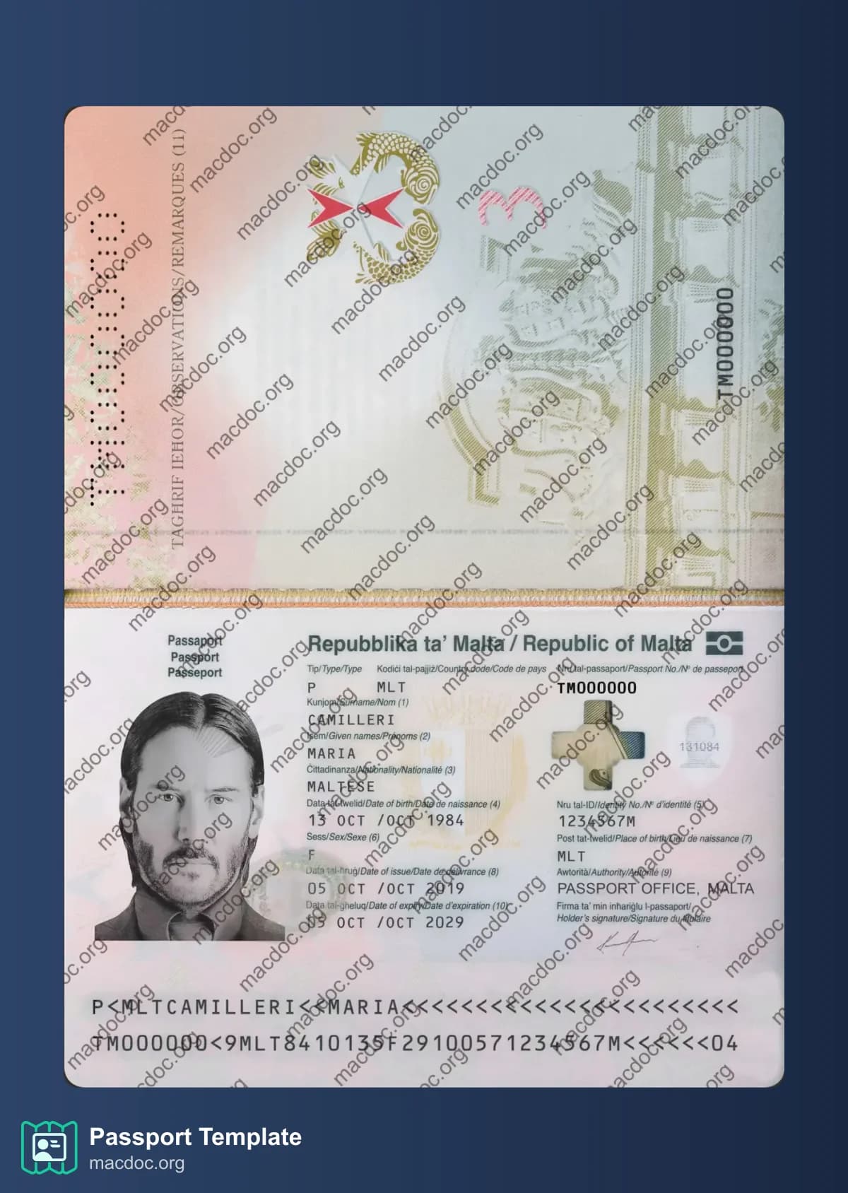Modèle de passeport de Malte au format PSD, entièrement modifiable, avec toutes les polices (2019 – présent)