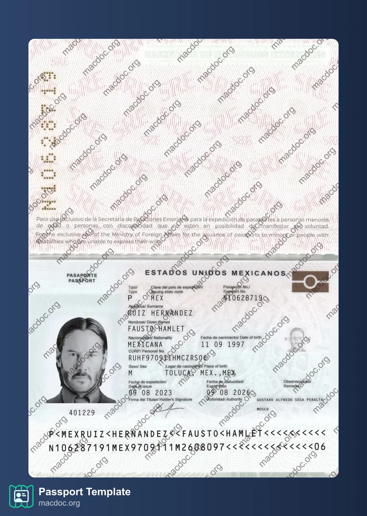 Modèle PSD entièrement modifiable de passeport mexicain