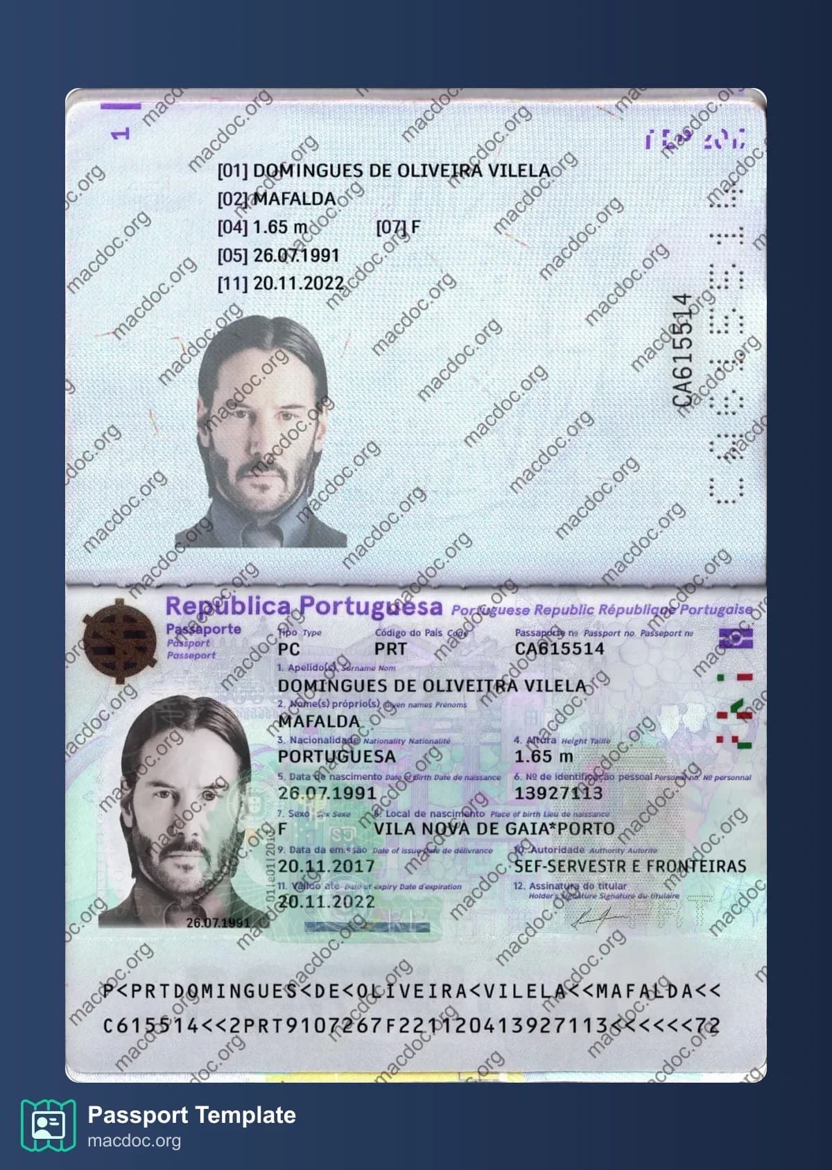 Portugal Passport example in PSD format, fully editable