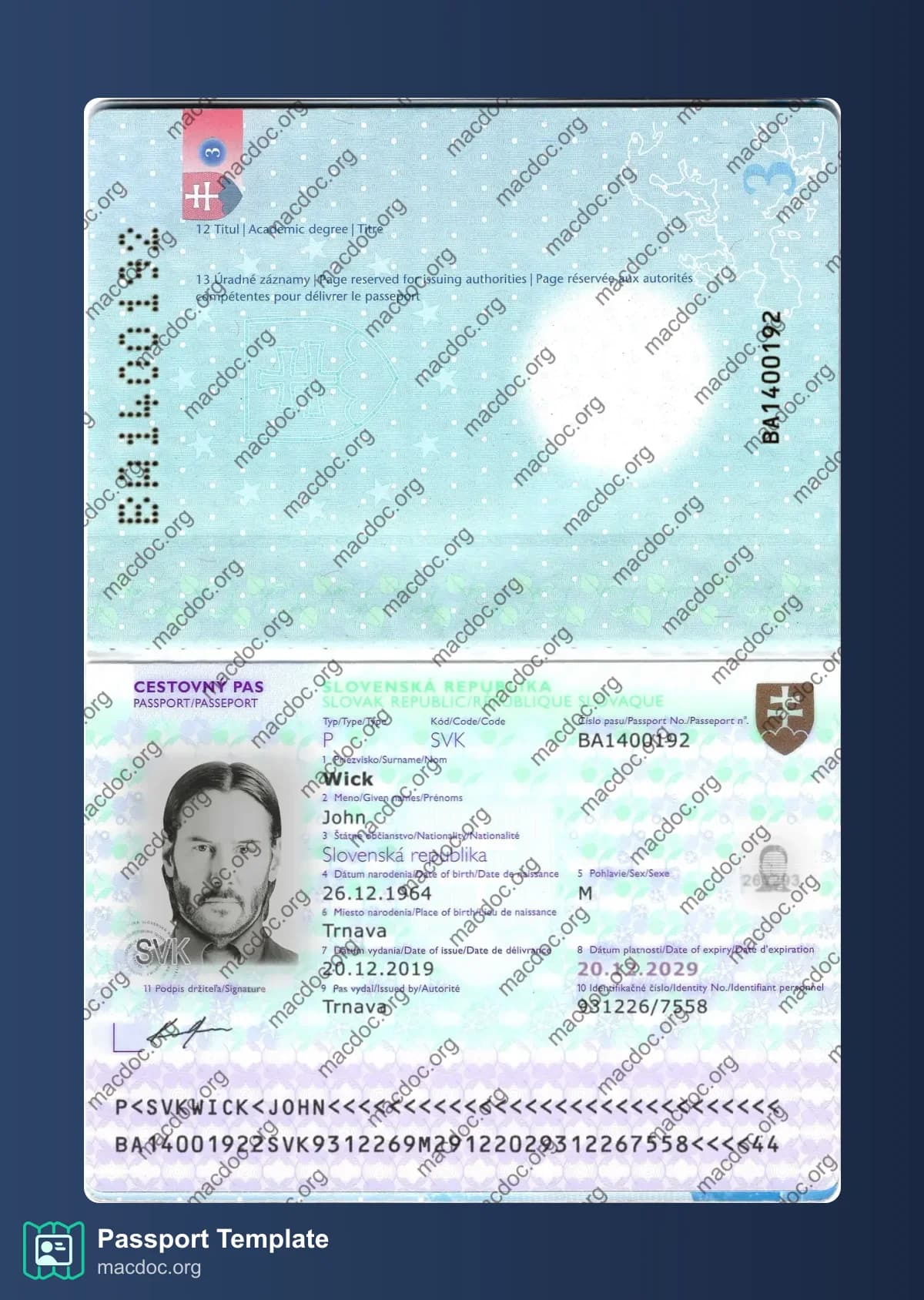 Slovakia Passport PSD template, completely editable