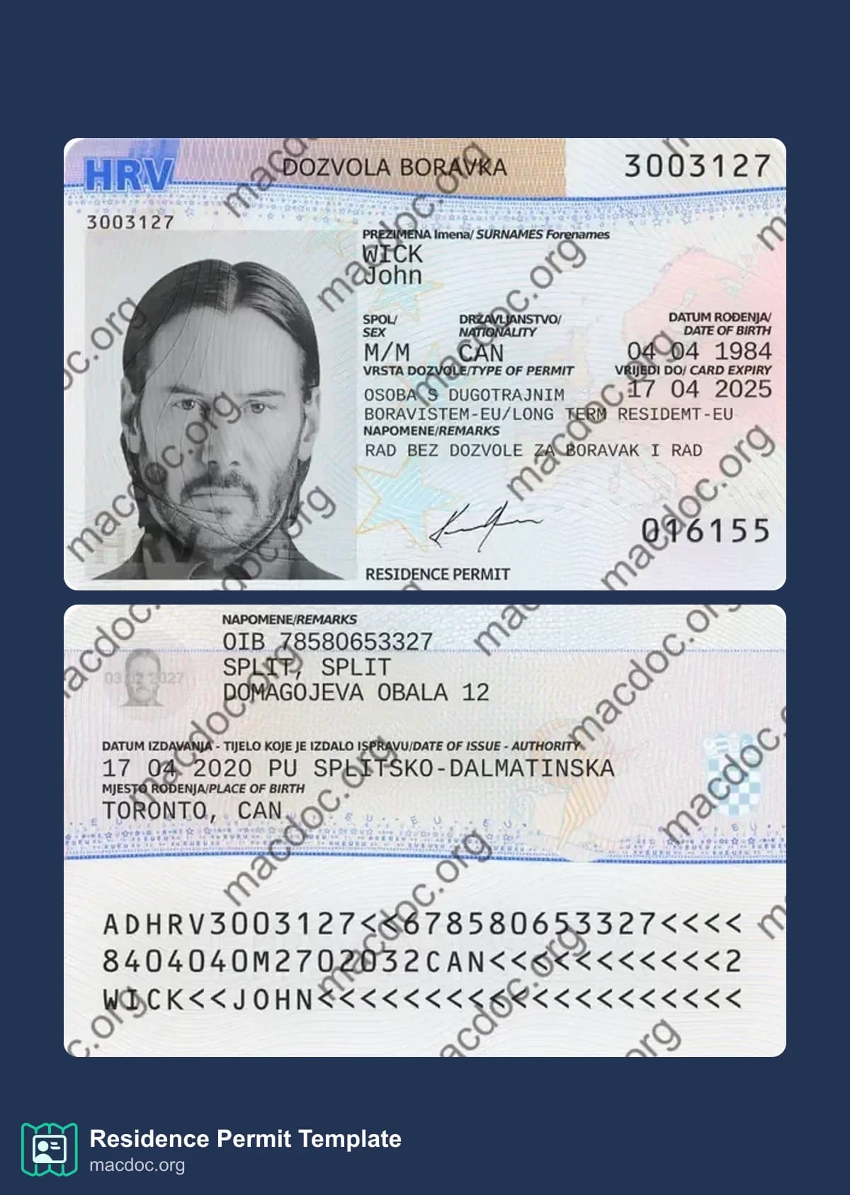 Modèle de permis de séjour en Croatie au format PSD, entièrement modifiable, avec toutes les polices (2020 – présent)