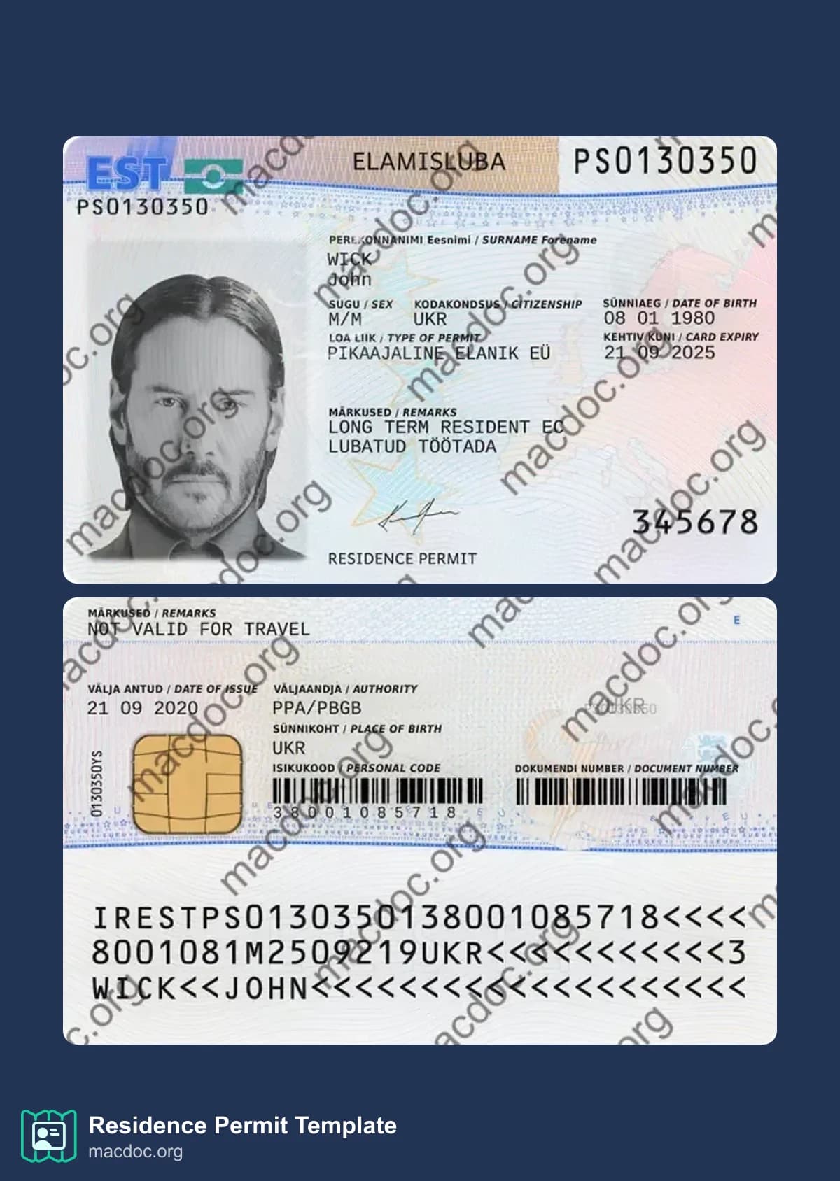 Estonia Residence Permit document example in PSD format, fully editable