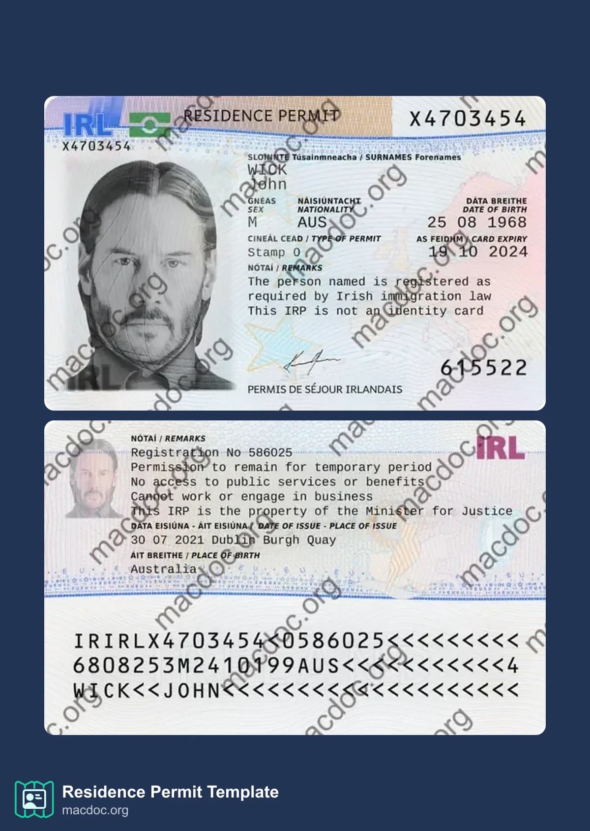 Ireland Residence Permit in PSD Format
