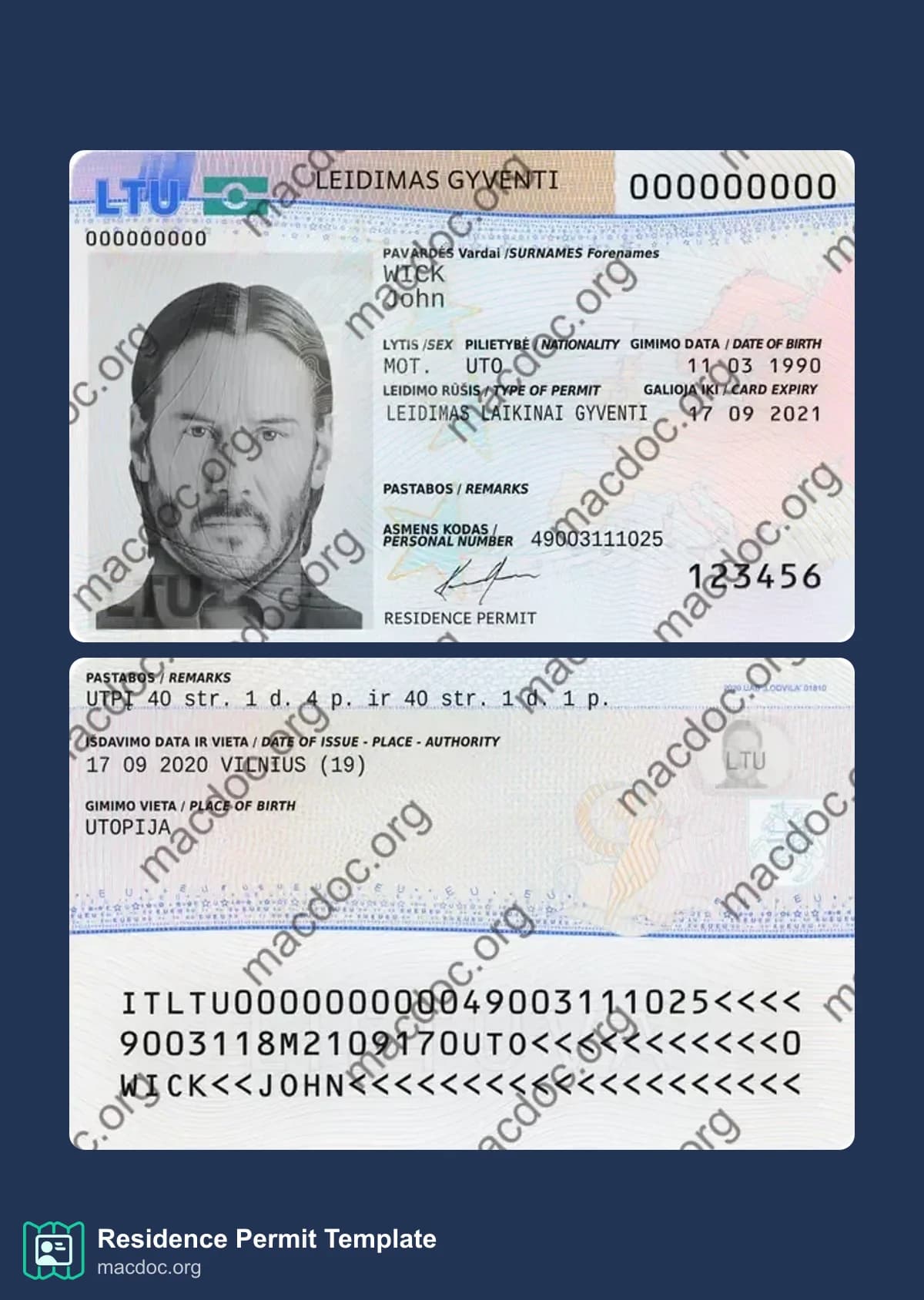 Lithuania Residence Permit in PSD Format