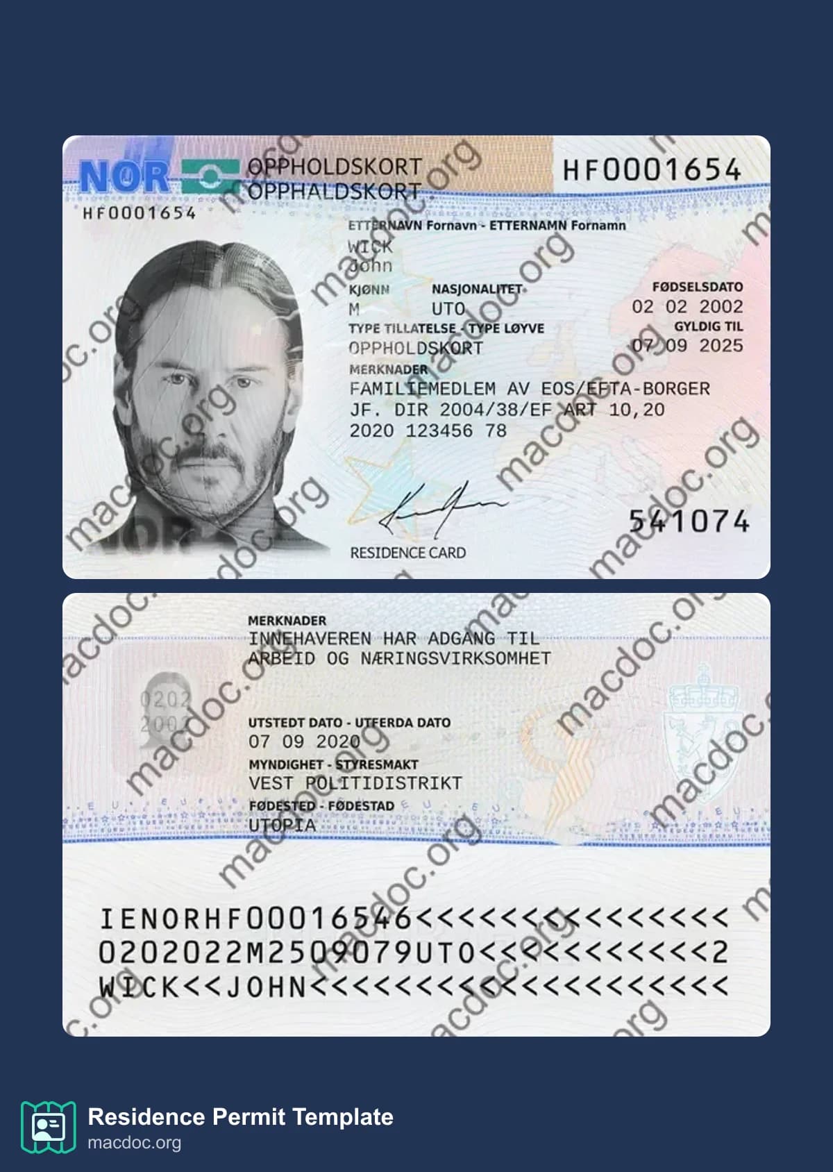 Norway Residence Permit document example in PSD format, fully editable