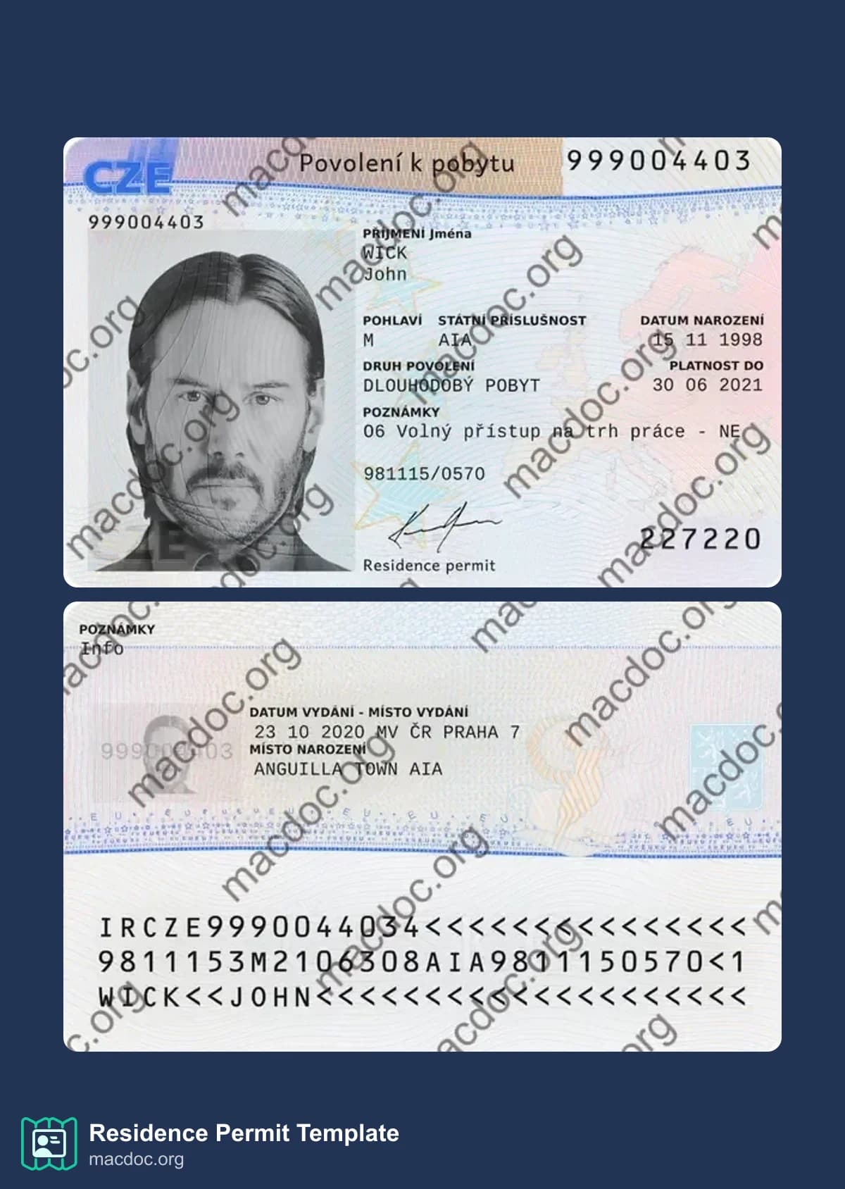 Permis de séjour en République tchèque au format PSD