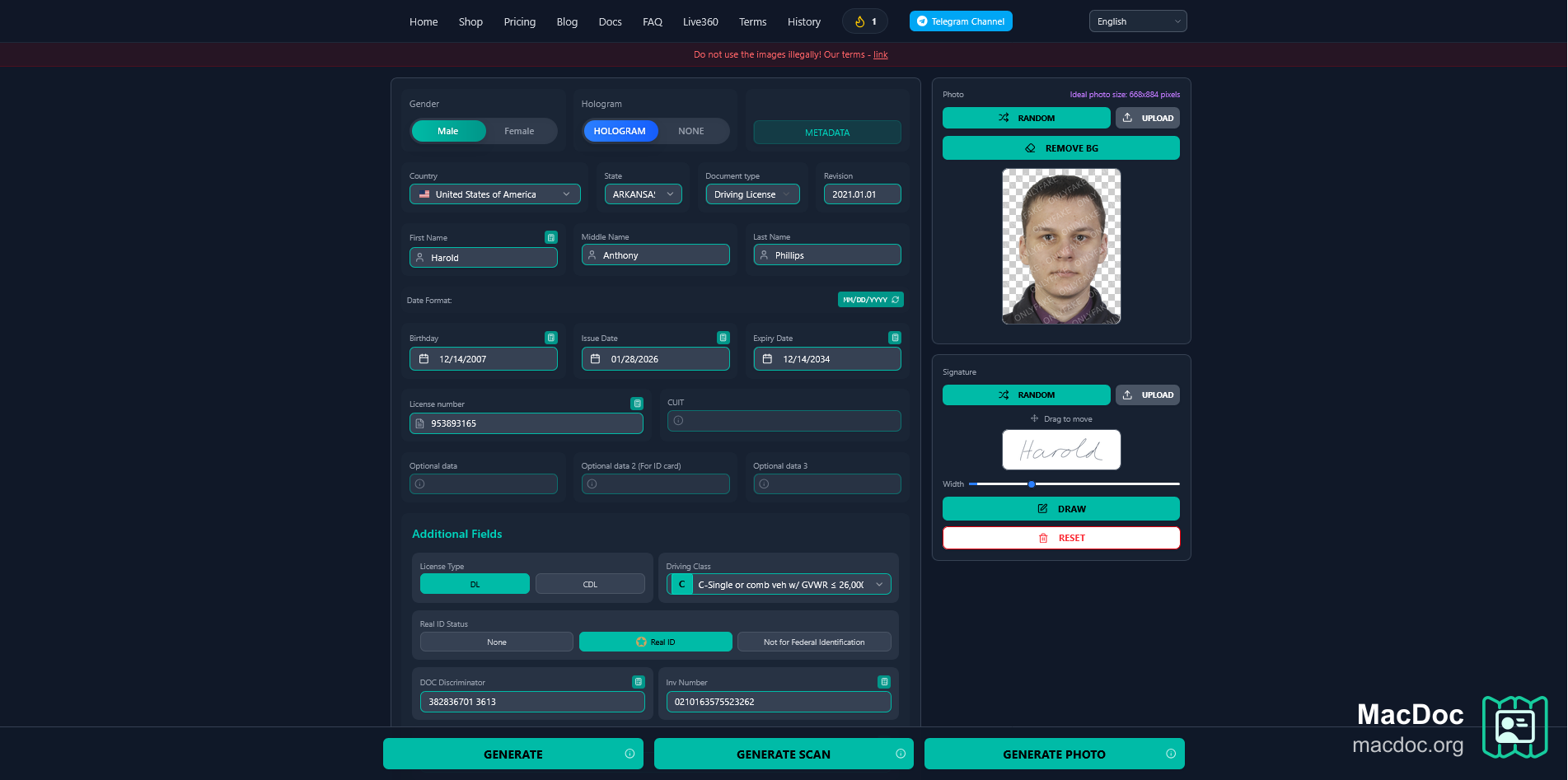 I tried united states driver license generation with additional fields